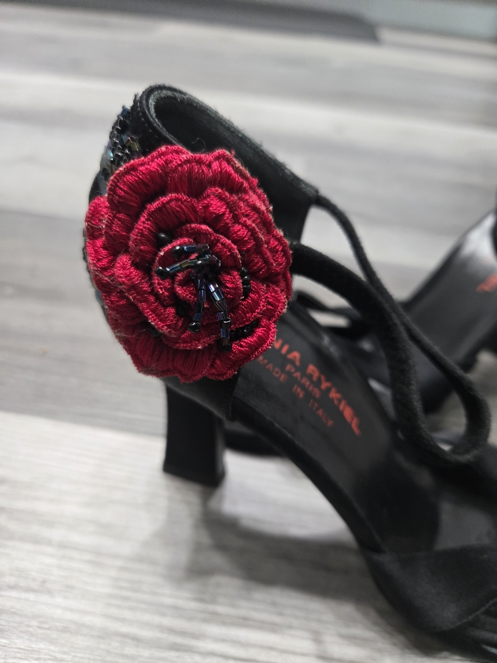 Sonia Rykiel Black Satin Heels with Red Floral Accent - Picture 5 of 8